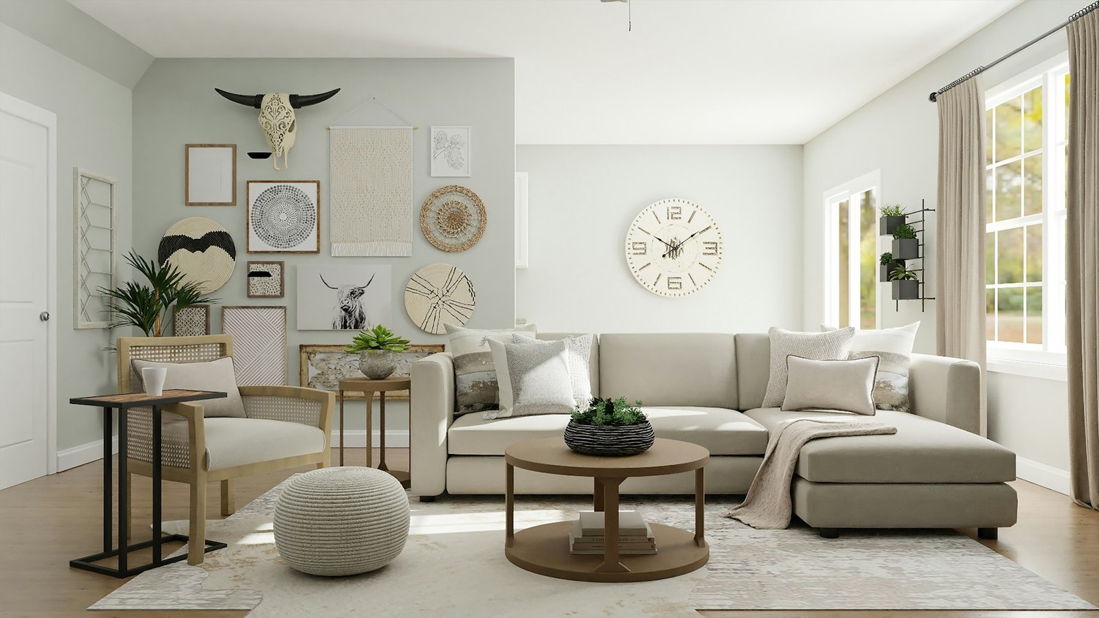 Stylish living space with coordinated wall finishes - illustrative stock photo